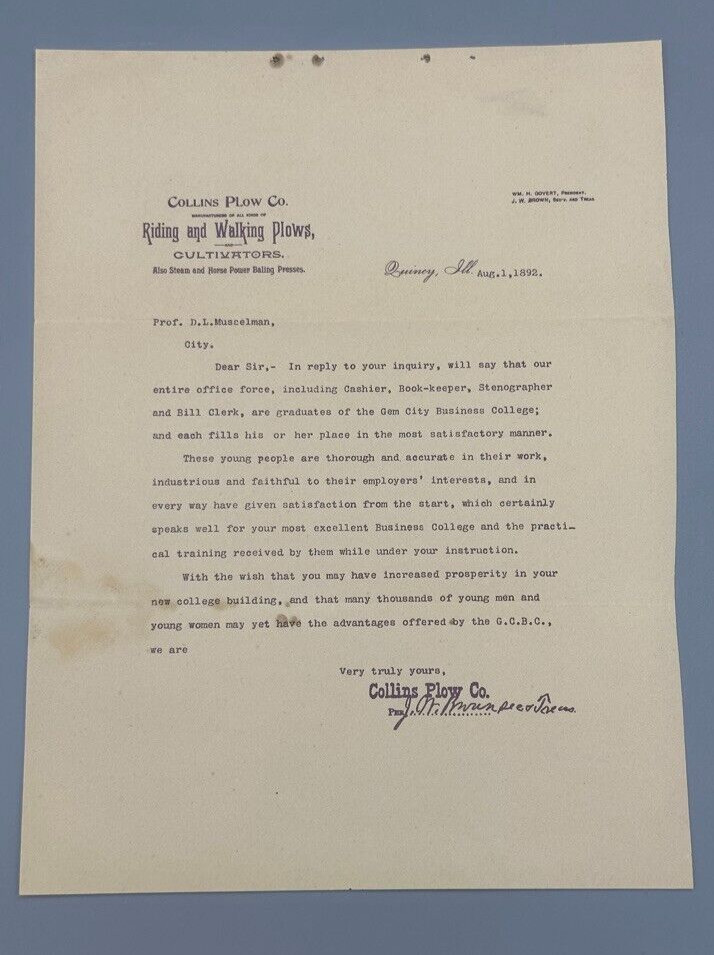 1892 COLLINS PLOW Cultivators Farm Advertising Letterhead Antique QUINCY ILL