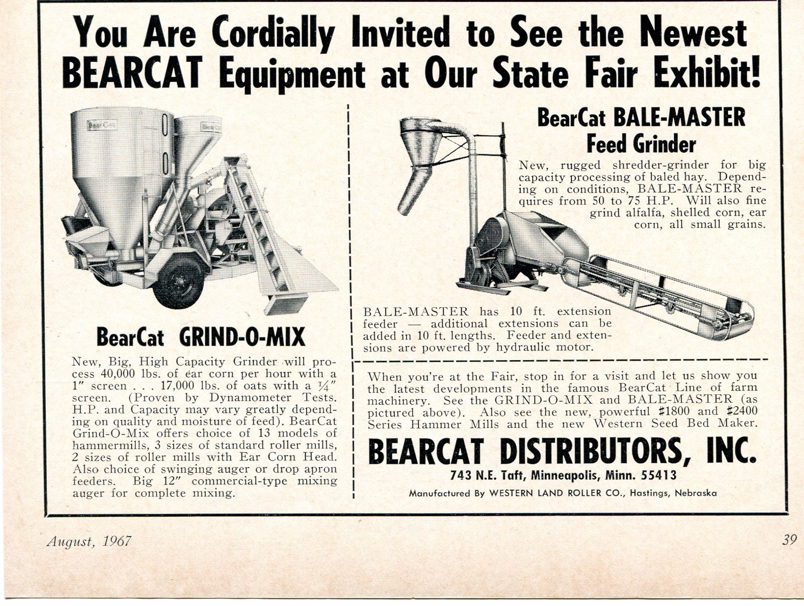 1967 Dealer Print Ad of BearCat Dist Grind-O-Mix & Bale-Master Feed Grinder