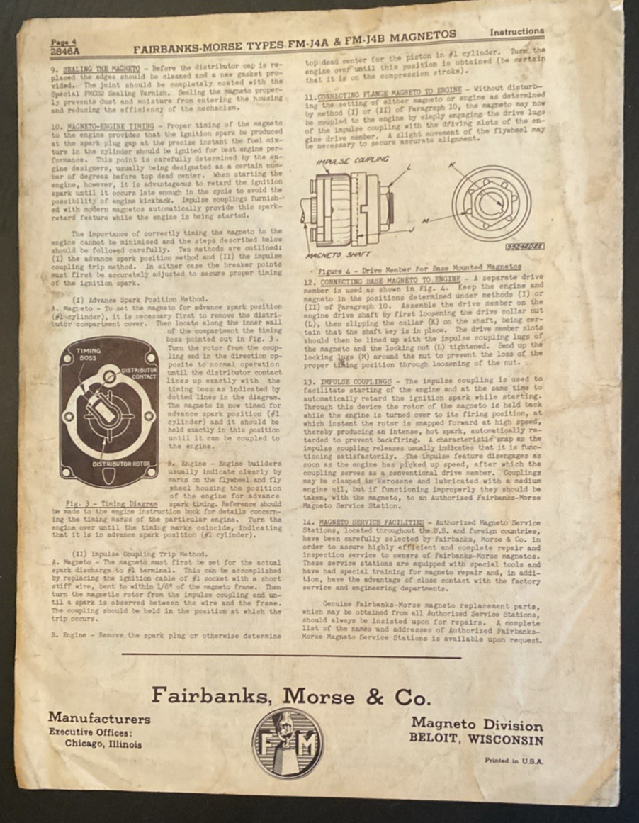 Original OEM 1942 Fairbanks Morse Model FM-J Magnetos Instruction Manual