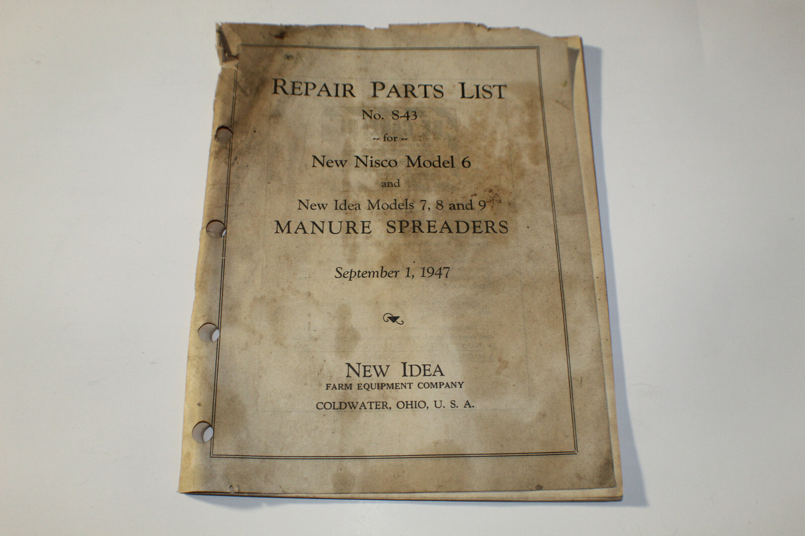 1947 New Idea No. S-43 New Nisco Model 6 Manure Spreaders Repair Parts List