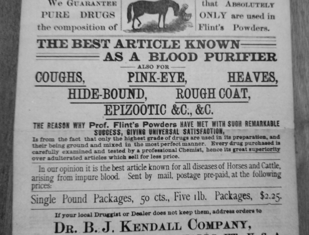 1893 Prof. Flint&rsquo;s Horse and Cattle Powders 2 Sided Ad Enosburg Falls, VT