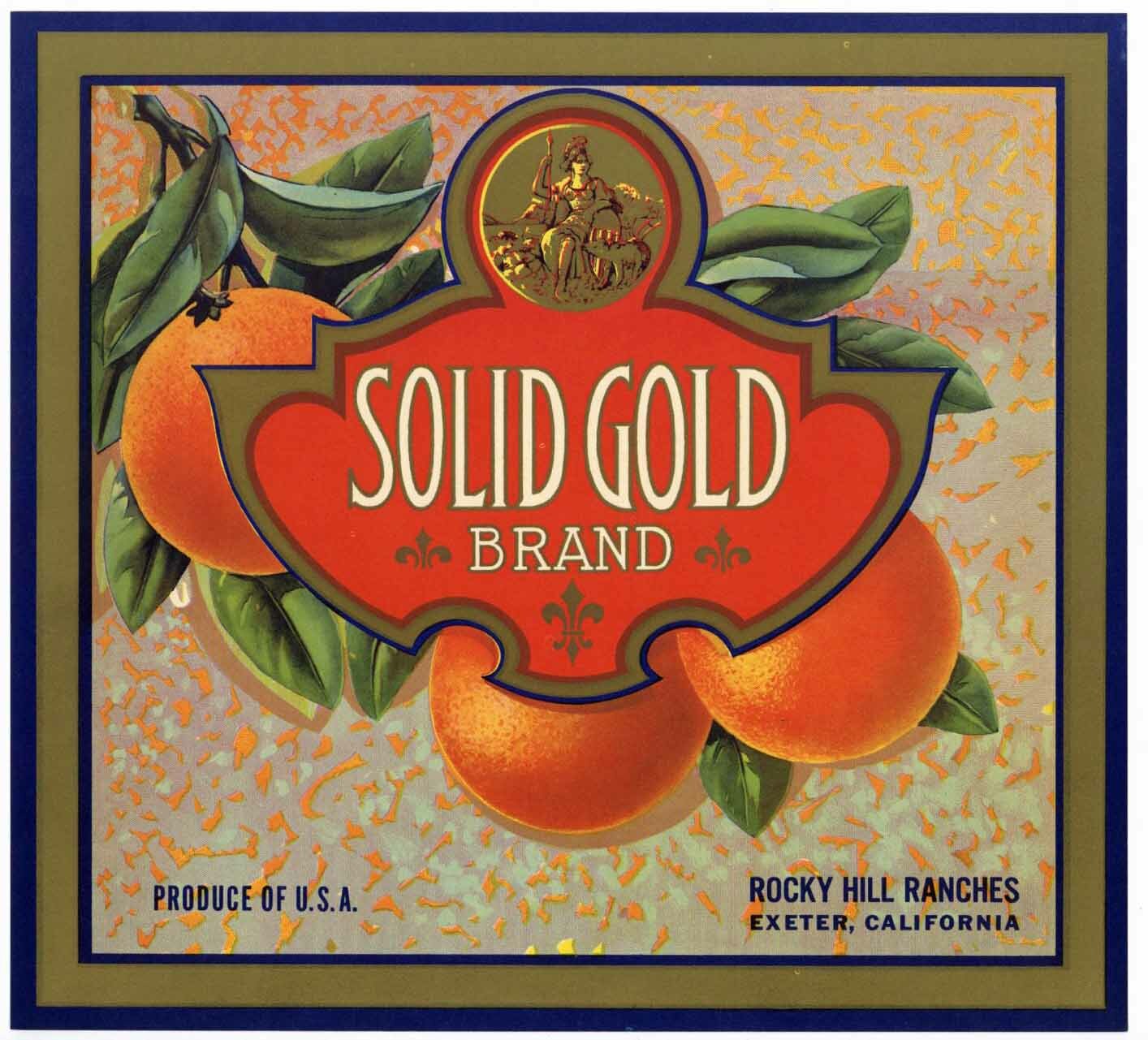 SOLID GOLD Vintage Exeter Orange Crate Label, California Seal, AN ORIGINAL LABEL