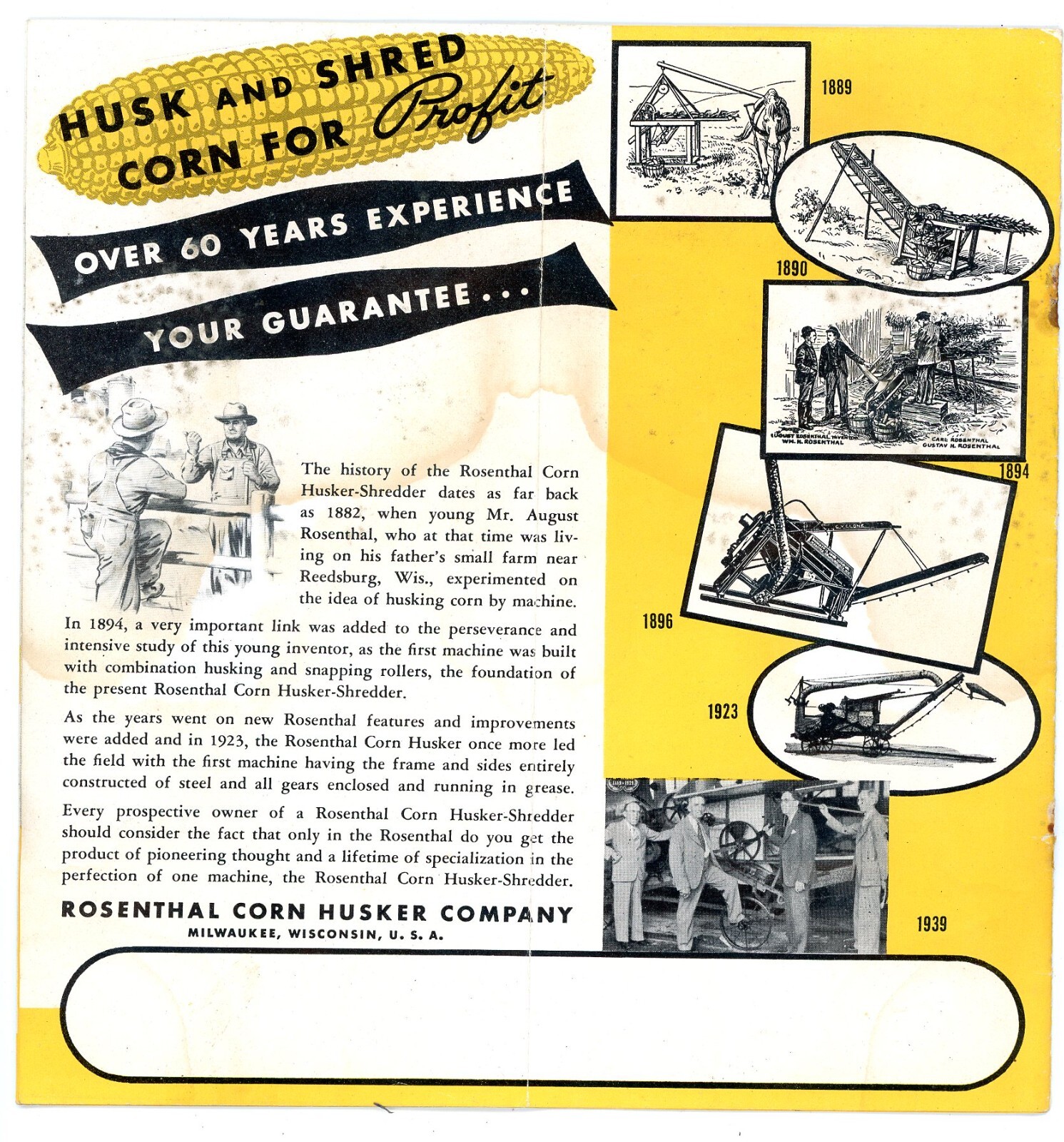 1950 Rosenthal Corn Husker model 40 & 4-20 sales brochure w/letter Milwaukee WI