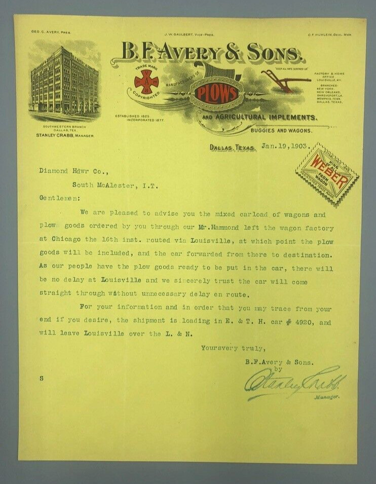 1903 B F AVERY PLOWS Letter FARM Advertising DALLAS TEXAS Delivery by RAILROAD