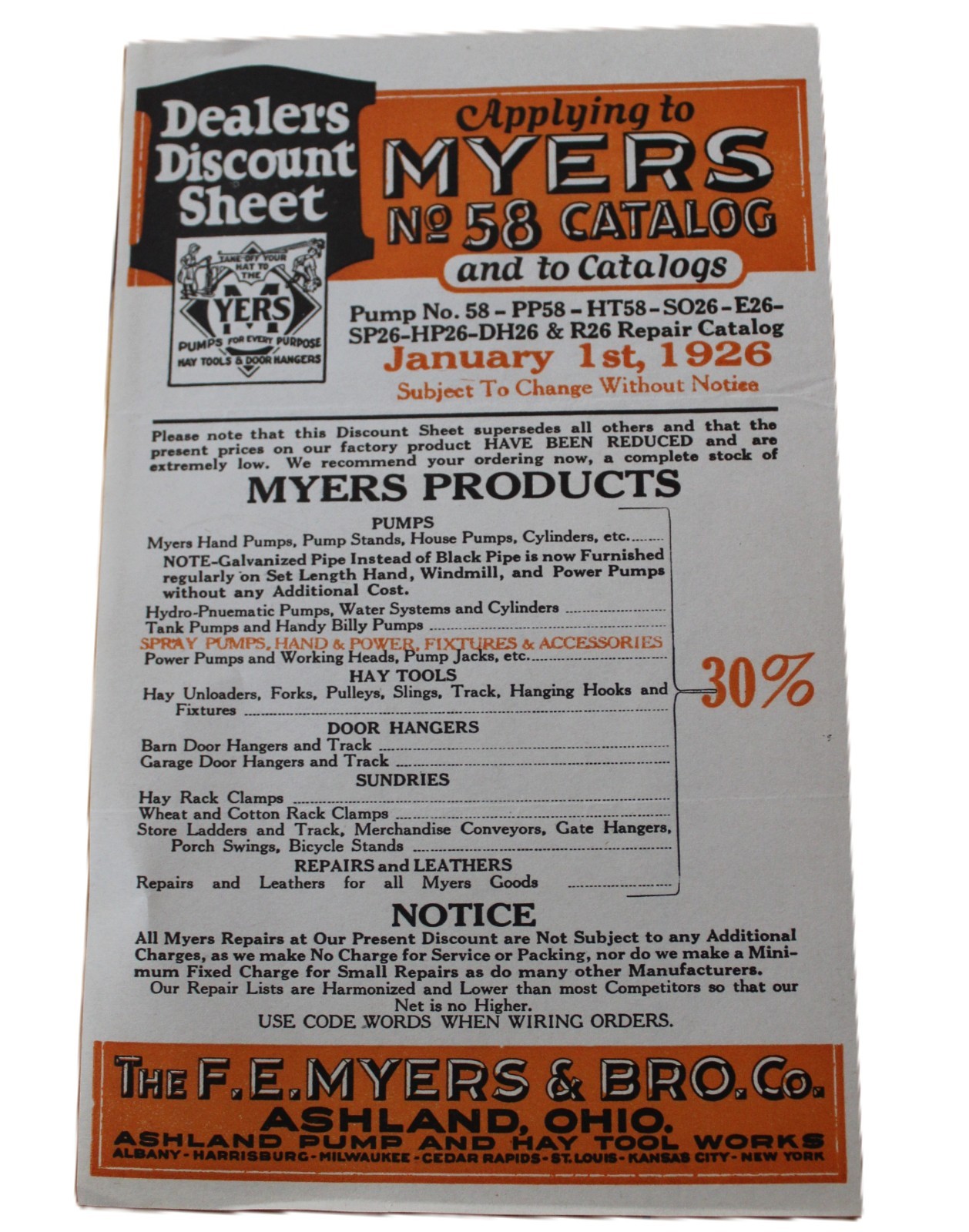 1925-26 Two Equipment Catalogs Myers Pumps Hay Tools & Door Hangers No. 57, 58