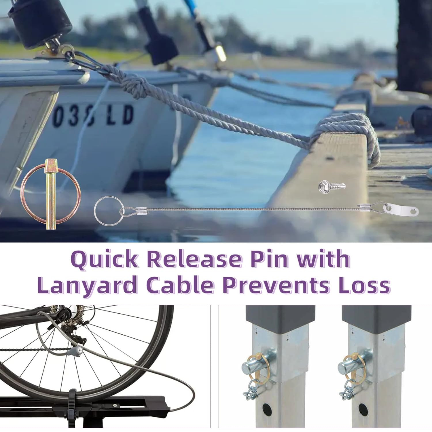 50Pcs 4 Sizes Spring-Loaded Lynch Pin Linch Pin and Stainless Steel Lanyard Cabl