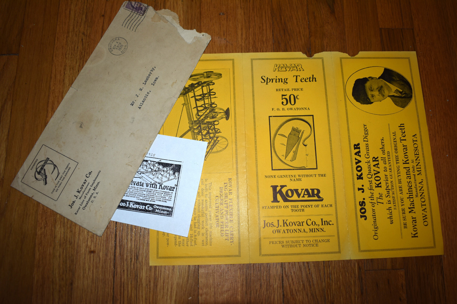 Vintage 1925 Kovar Co Weed Digger Farm Implement Brochure OWATONNA MN w Envelope