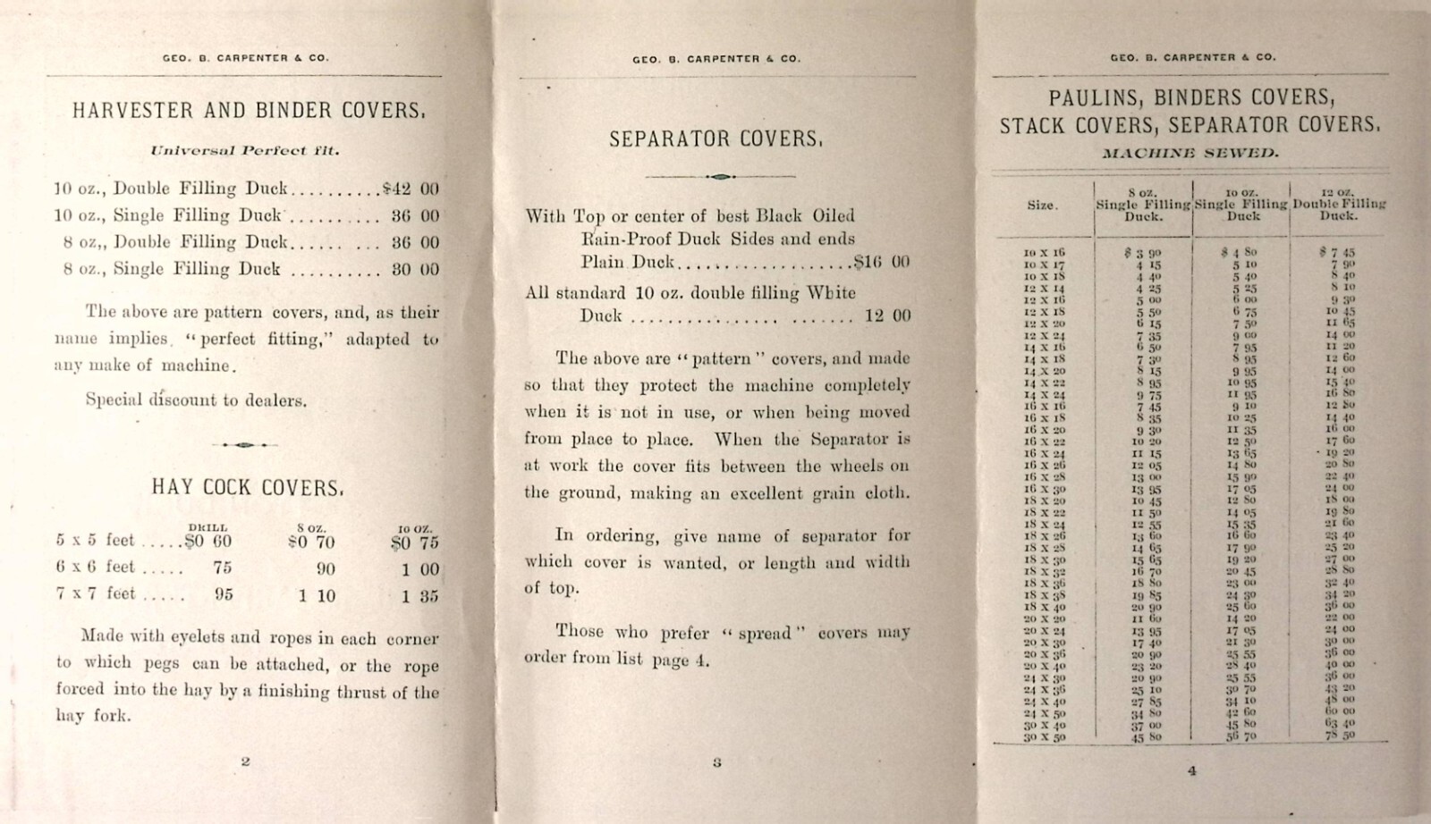 1893 Geo B Carpenter & Co Stack Covers Tent Paulins Flags Price List CHICAGO