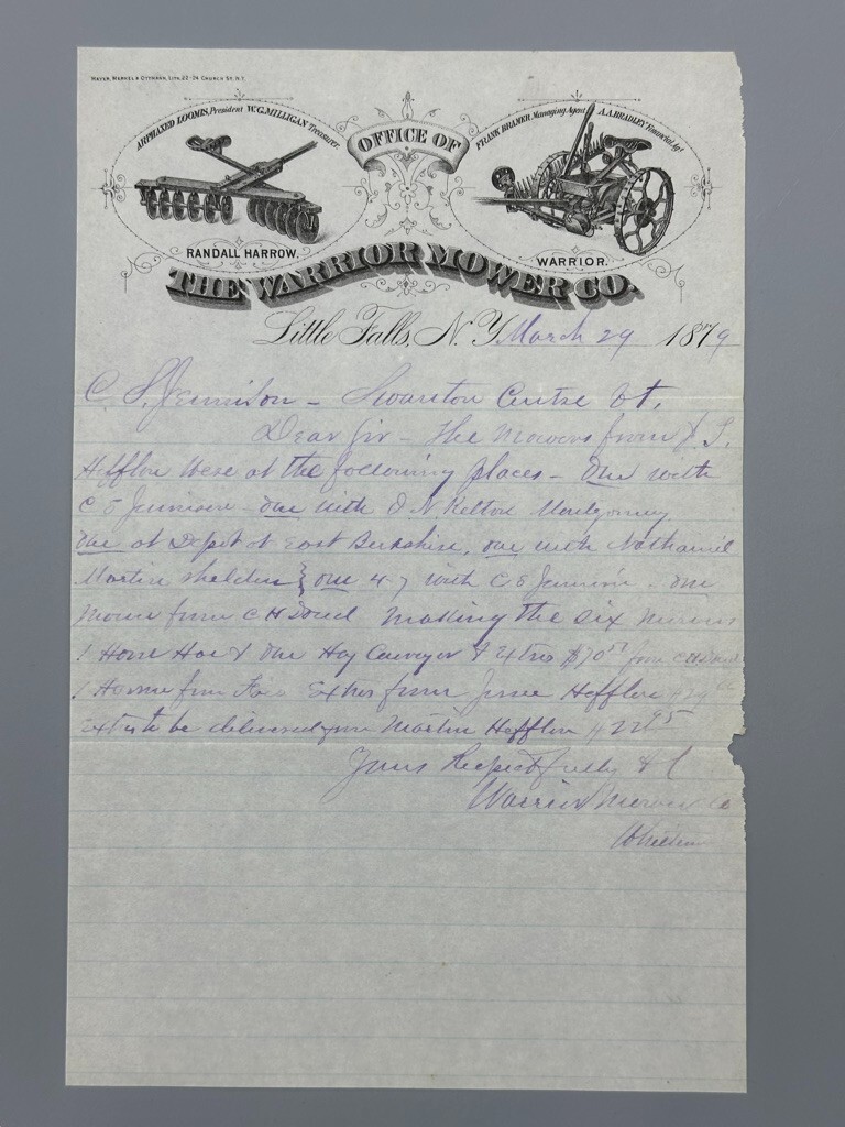 1879 WARRIOR MOWER Co Randall Harrow FARM Advertising Letterhead LITTLE FALLS NY