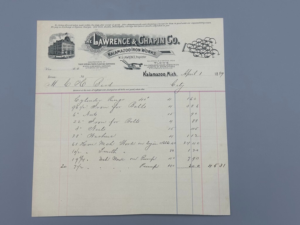 1889 KALAMAZOO Michigan IRON WORKS Lawrence Chapin PLOW FARM Antique ADVERTISING