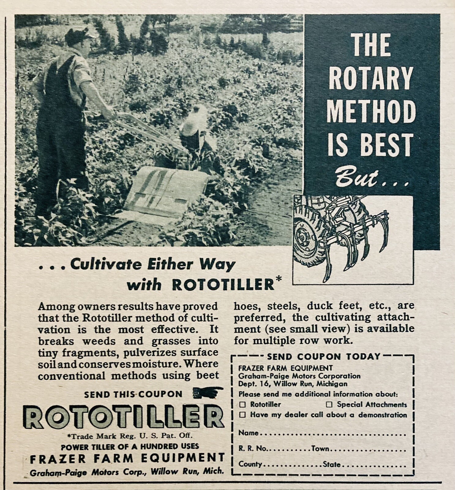 1947 AD.(XF15)~ROTOTILLER PLANTER, FRAZER FARM EQUIPMENT, WILLOW RUN, MI.~~