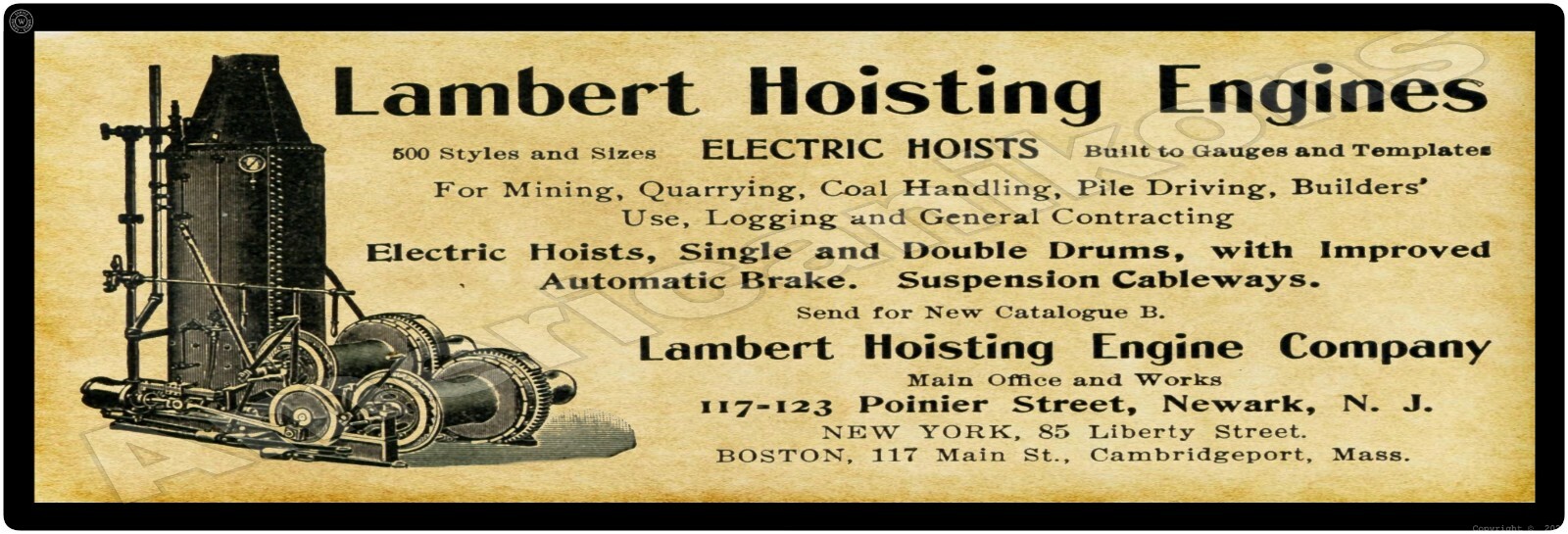 1901 Lambert Hoisting Engines New Metal Sign: Newark, New Jersey – 6 x 18&Prime;