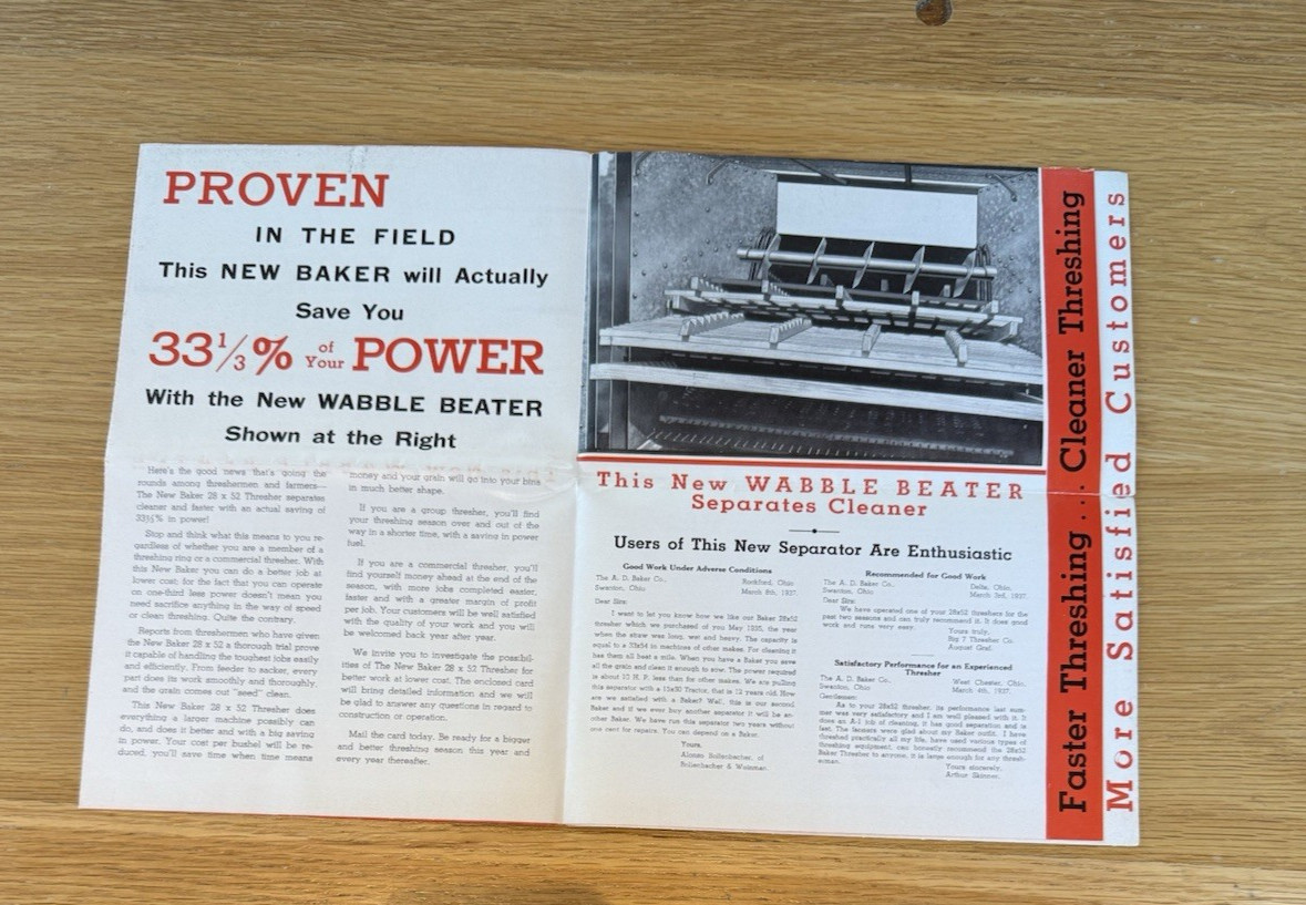 Original 1930s A.D. Baker Threshing Machine Advertising Brochure – Agricultural