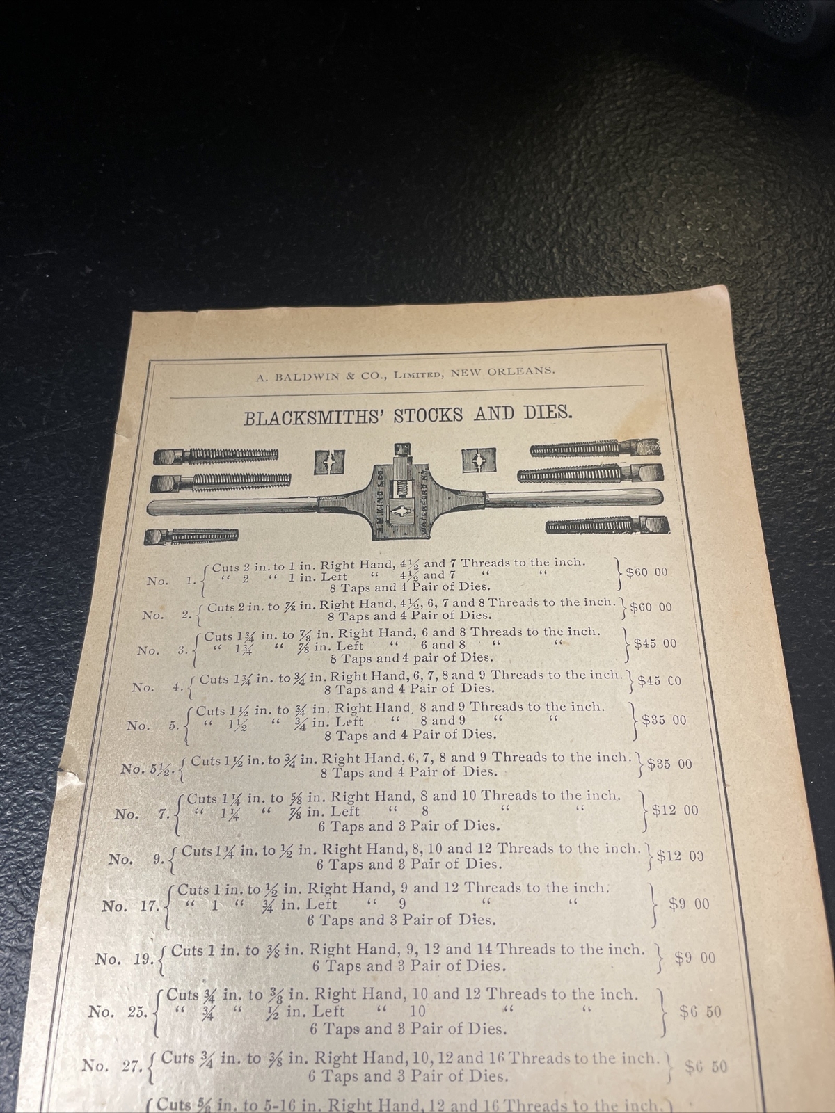 1891 Baldwin – King Blacksmith Stock & Dies Waterford NY Advertising New Orleans