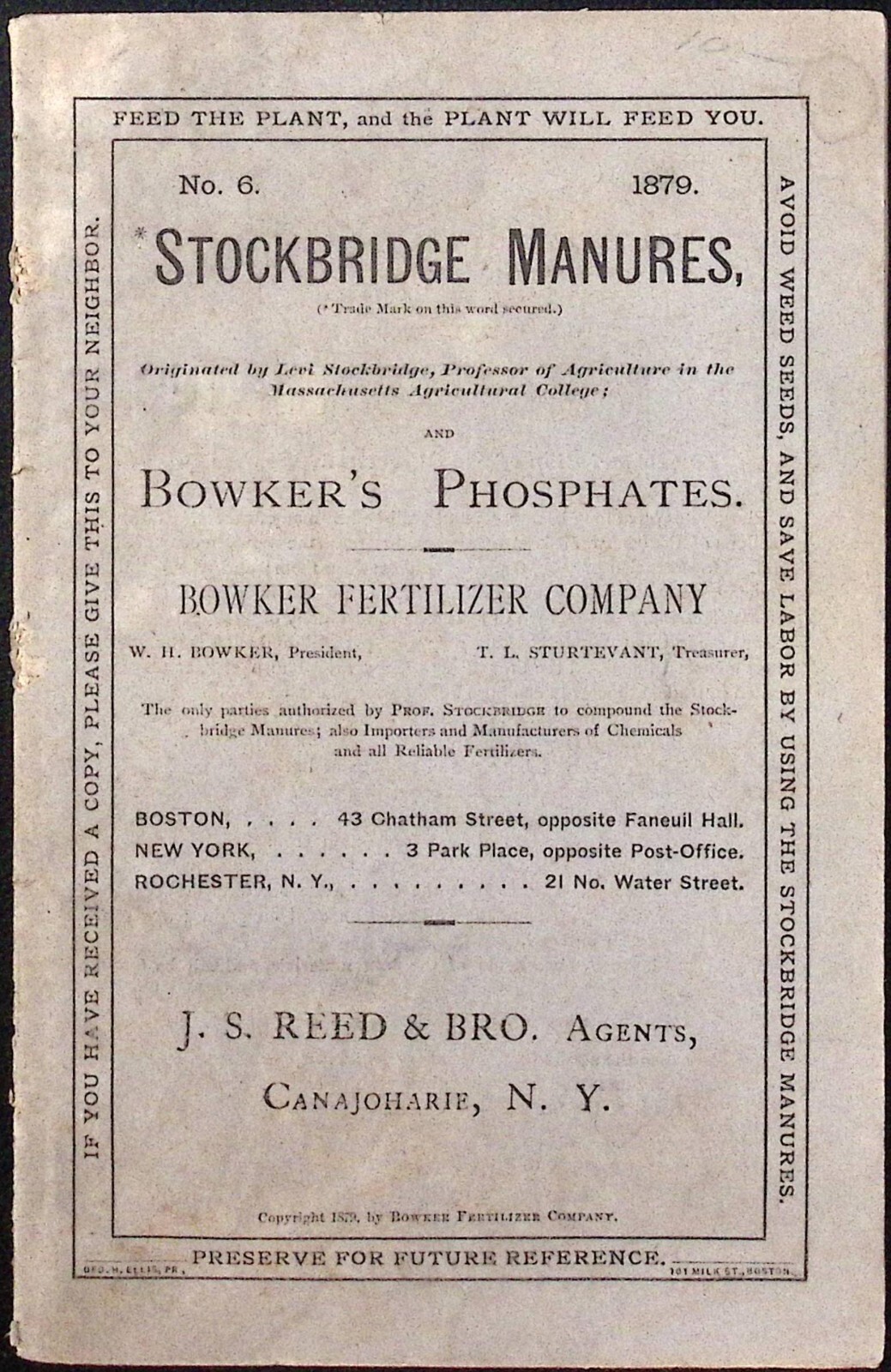 1879 Stockbridge Manures Bowker Fertilizer Co Catalog J.S. Reed & Bro Agents