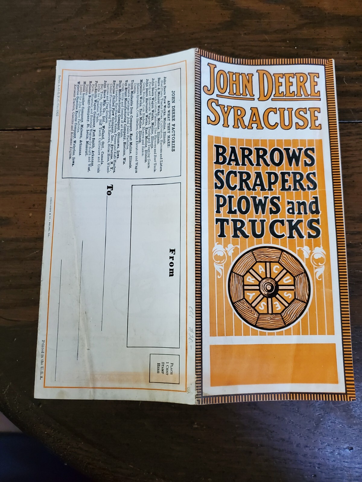 Vintage John Deere Syracuse Mailer, Series A-41-S. P. C. Co.-1925