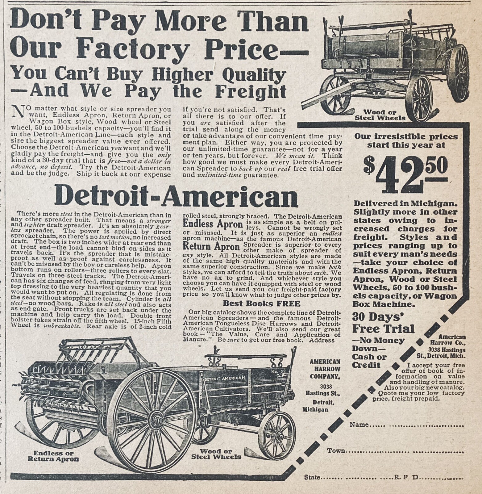 1910 AD.(XH42)~AMERICAN HARROW CO. DETROIT, MI. DETROIT-AMERICAN NO.2 SPREADER