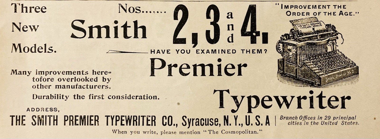 1896 AD.(PC10)~SMITH PREMIER TYPEWRITER CO. SYRACUSE, NY. NEW SMITH MODELS