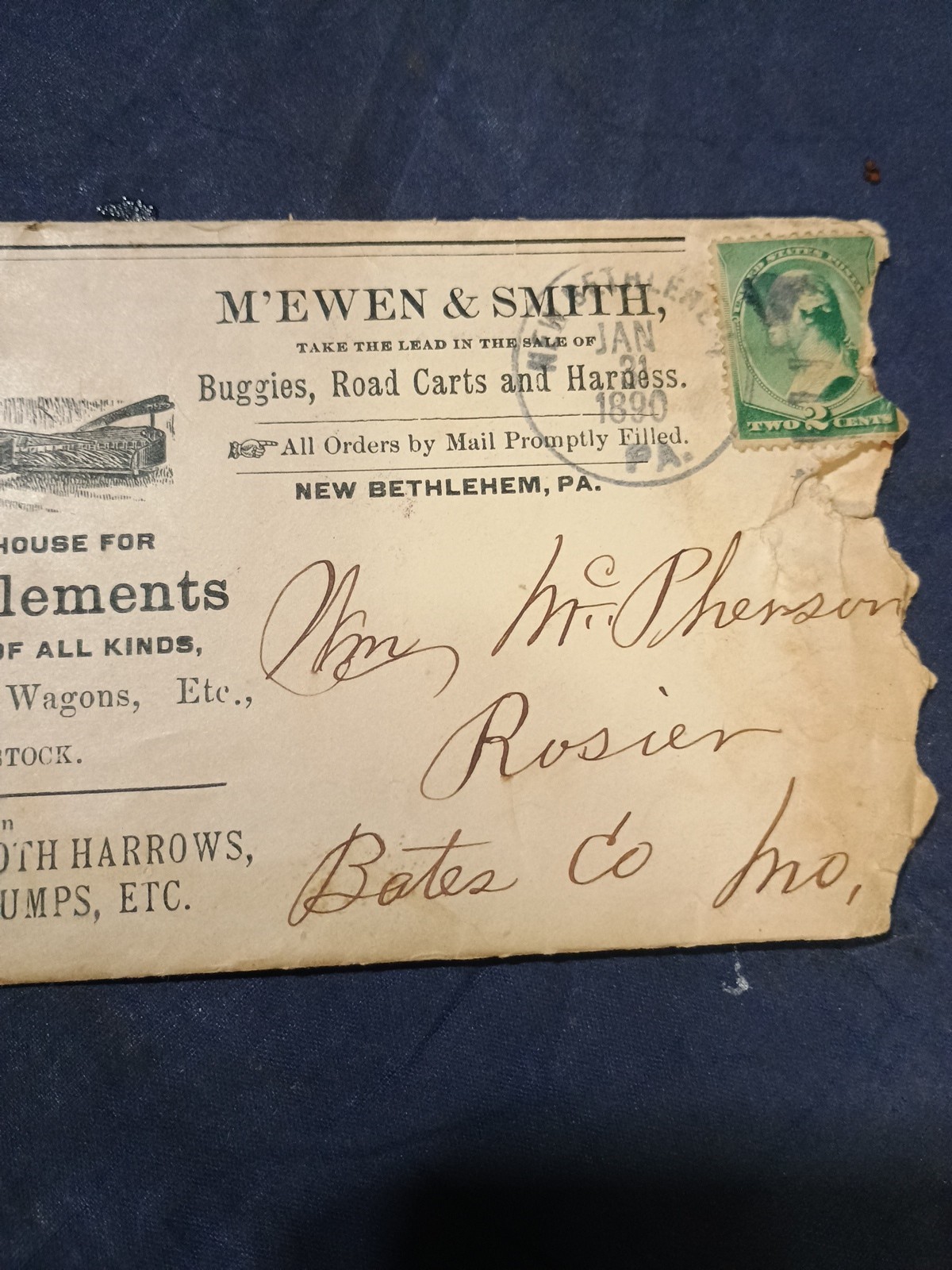 Vintage 1890 M&rsquo;EMEN & SMITH Farm Implements,Letter & Envelope