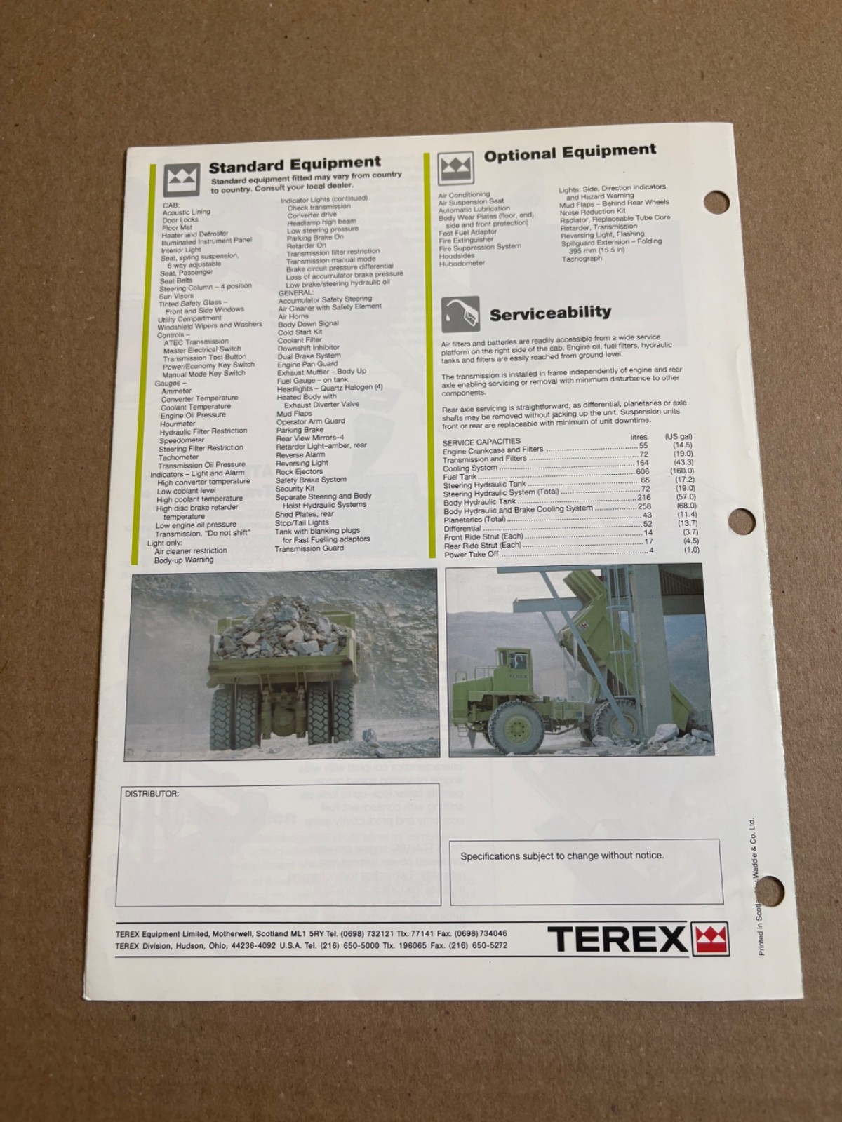 Vintage Terex 3308E Dump Truck Specifications Sales Brochure