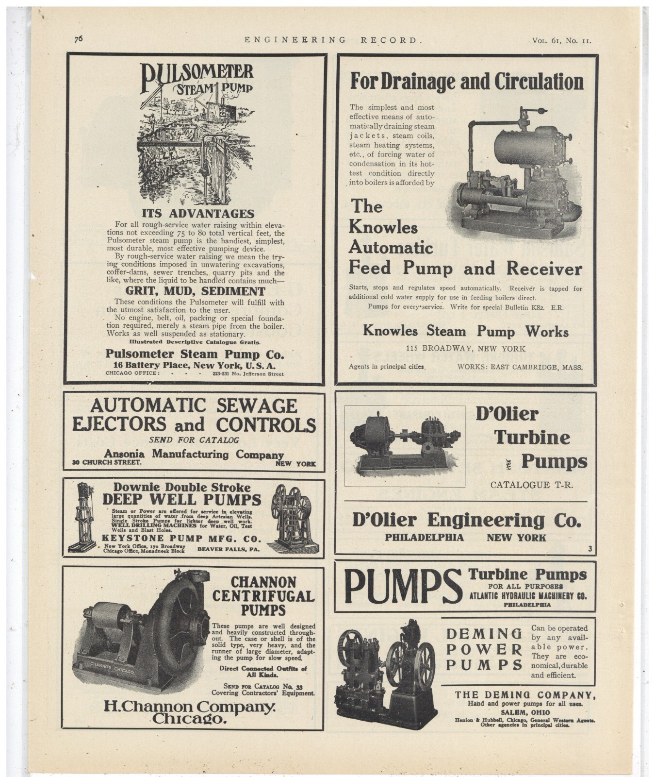 1910 Pump Advertisements on 1 Pg: Knowles, Deming, Channon, Keystone, D&rsquo;Oileir +