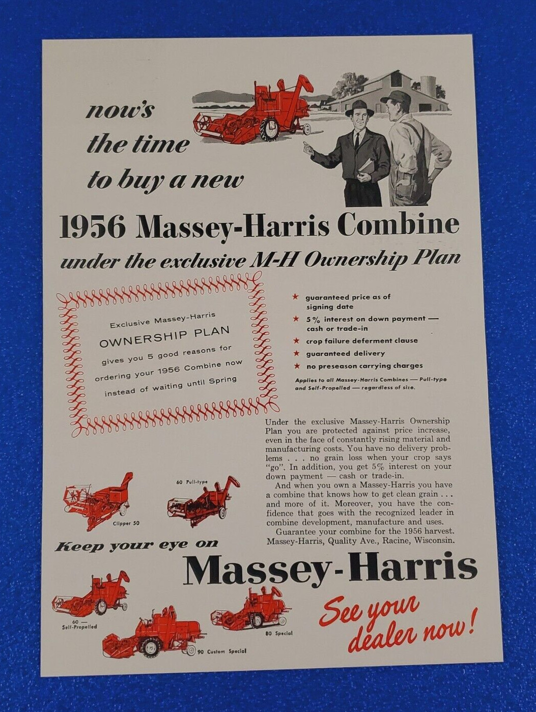 1956 MASSEY-HARRIS COMBINE ORIGINAL COLOR PRINT AD HEARTLAND OF AMERICA CLASSIC