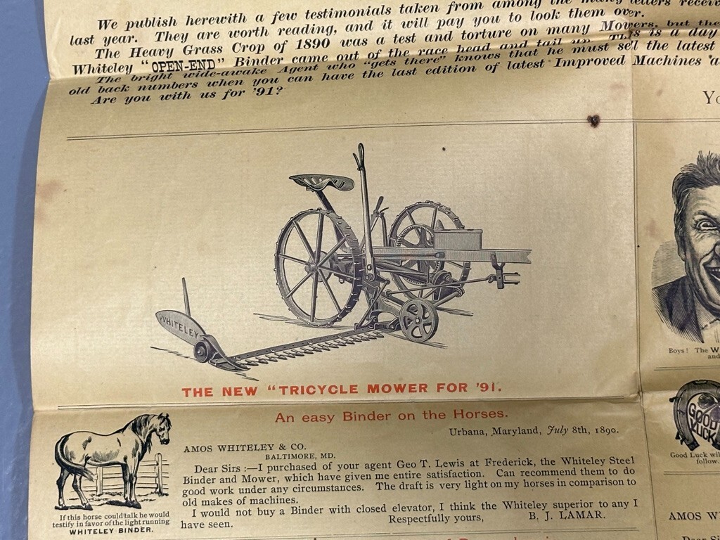 1891 Amos WHITELEY Farm HARVESTING MACHINES Mower Binder Advertising Circular