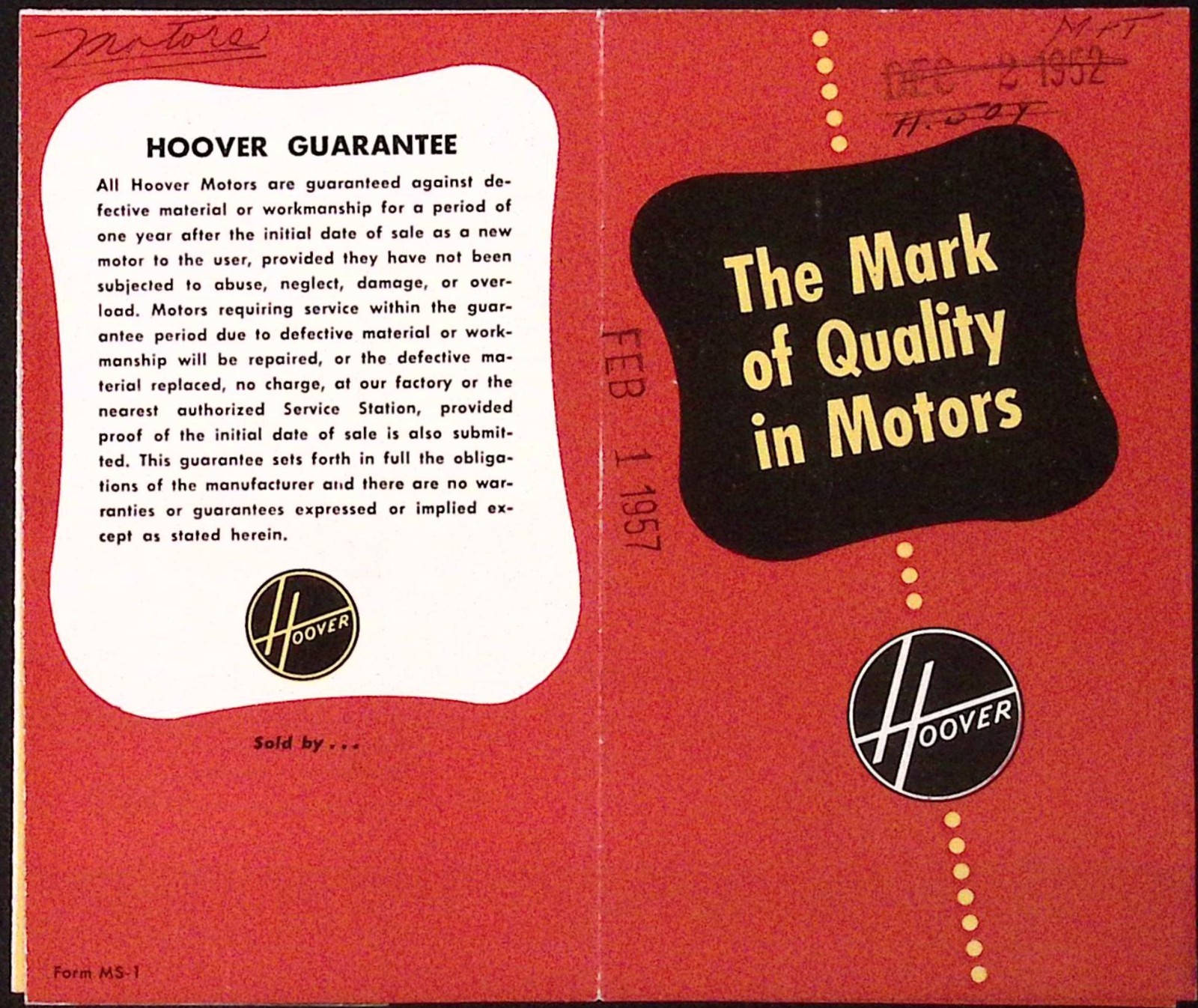 1957 Hoover The Mark of Quality in Motors Brochure North Plainfield NJ
