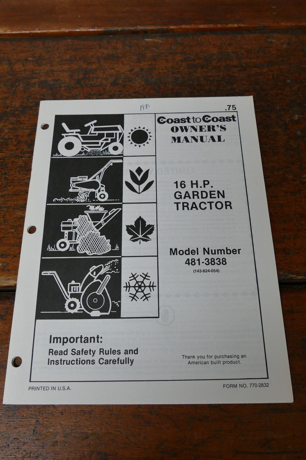 1983 Coast to Coast Owner&rsquo;s Manual 16 HP Garden Tractor Model # 481-3838