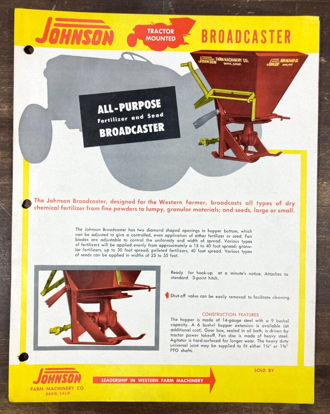 Johnson Farm Machinery Fertilizer Seed Broadcaster 60&rsquo;s Sales Sheet Ad Brochure