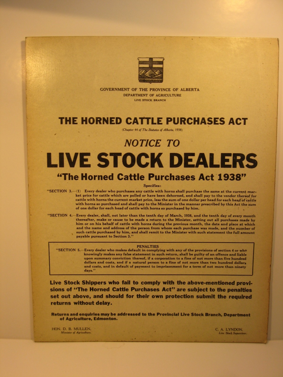 Horned Cattle Purchases Act 1938 Cardboard Sign Alberta Live Stock