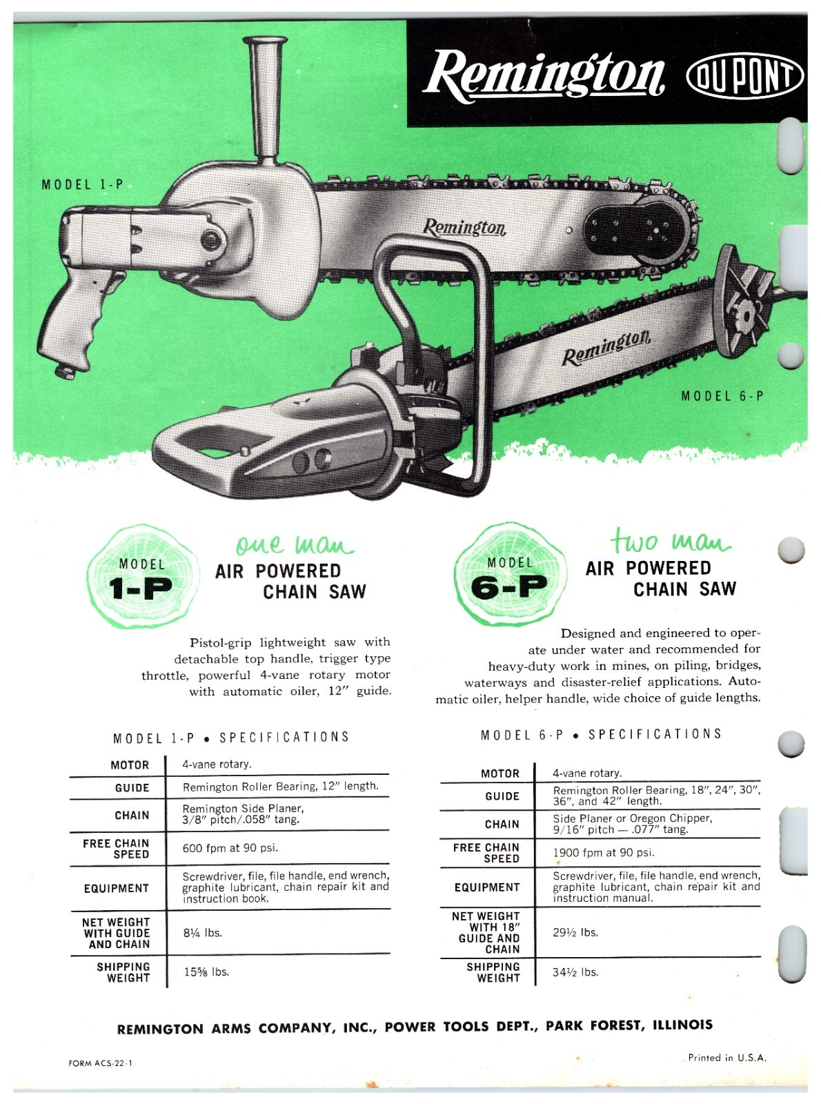 Remington Electric Chainsaws (Model 3-E / EL / 1-P / 6-P ) Sales Info Sheet