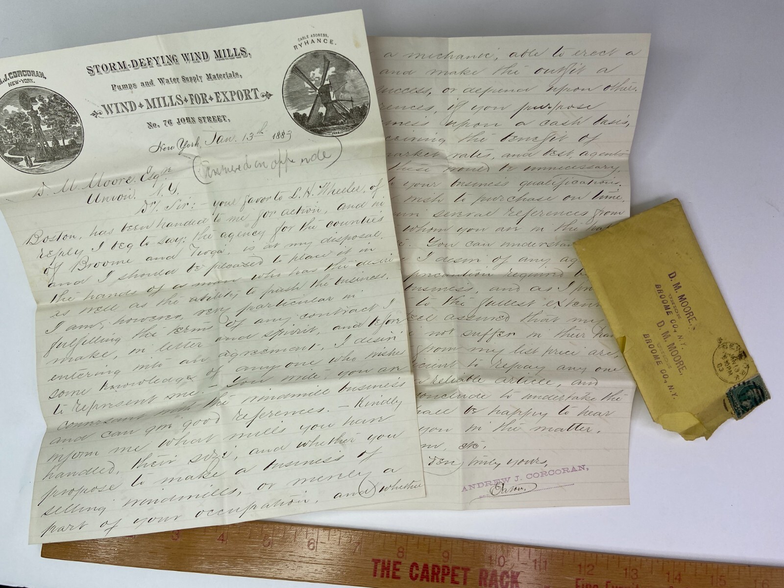 RARE ARCHIVE Letters EPHEMERA Billheads etc – Andrew Corcoran Wind Mills NY 1883
