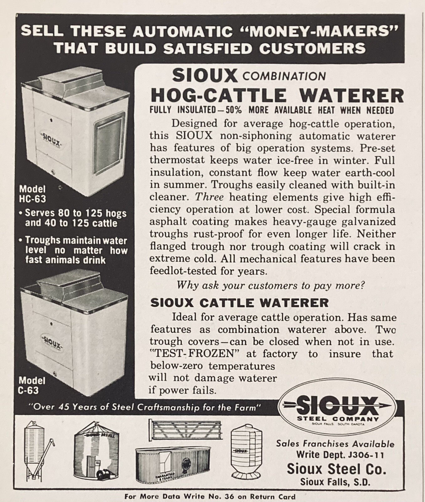 1963 AD.(XH52)~SIOUX STEEL CO. SIOUX FALLS, SD. HOG-CATTLE WATERER