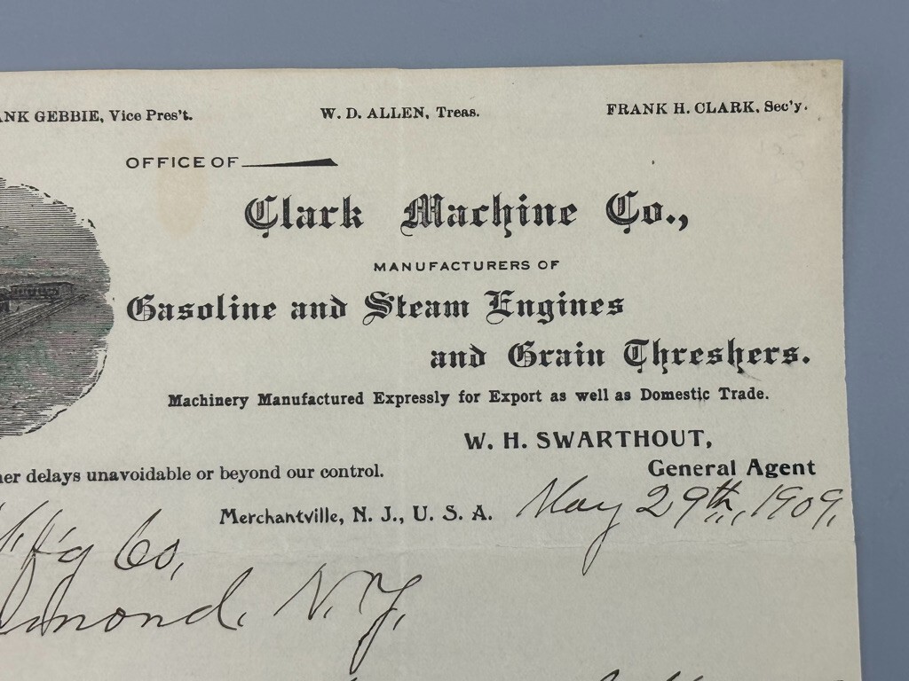 1909 CLARK Thresher STEAM ENGINE Railroad Farm Advertising Letterhead Antique