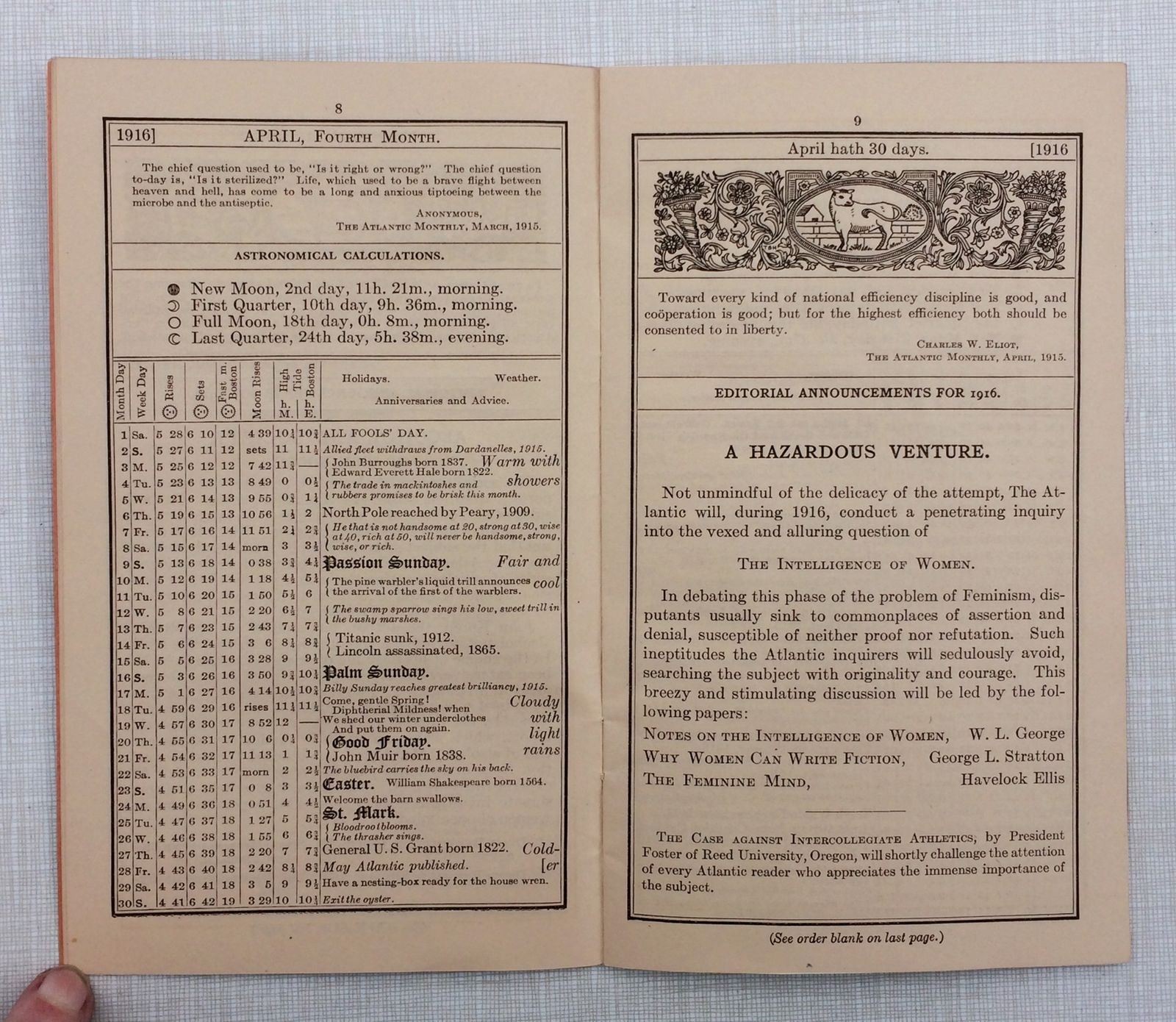 1916 THE ATLANTIC MONTHLY LITERARY ALMANAC, BOSTON MASSACHUSETTS