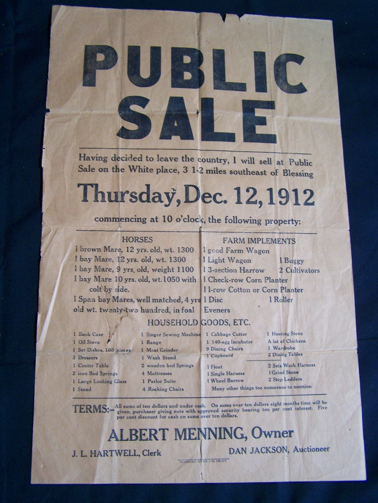 ANTIQUE BLESSING, TEXAS 1912 PUBLIC SALE POSTER/BROADSIDE~HORSES/FARM IMPLEMENTS