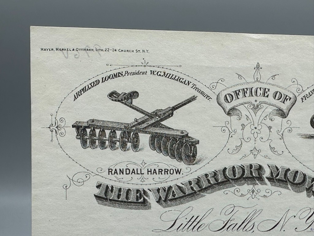 1879 WARRIOR MOWER Co Randall Harrow FARM Advertising Letterhead LITTLE FALLS NY