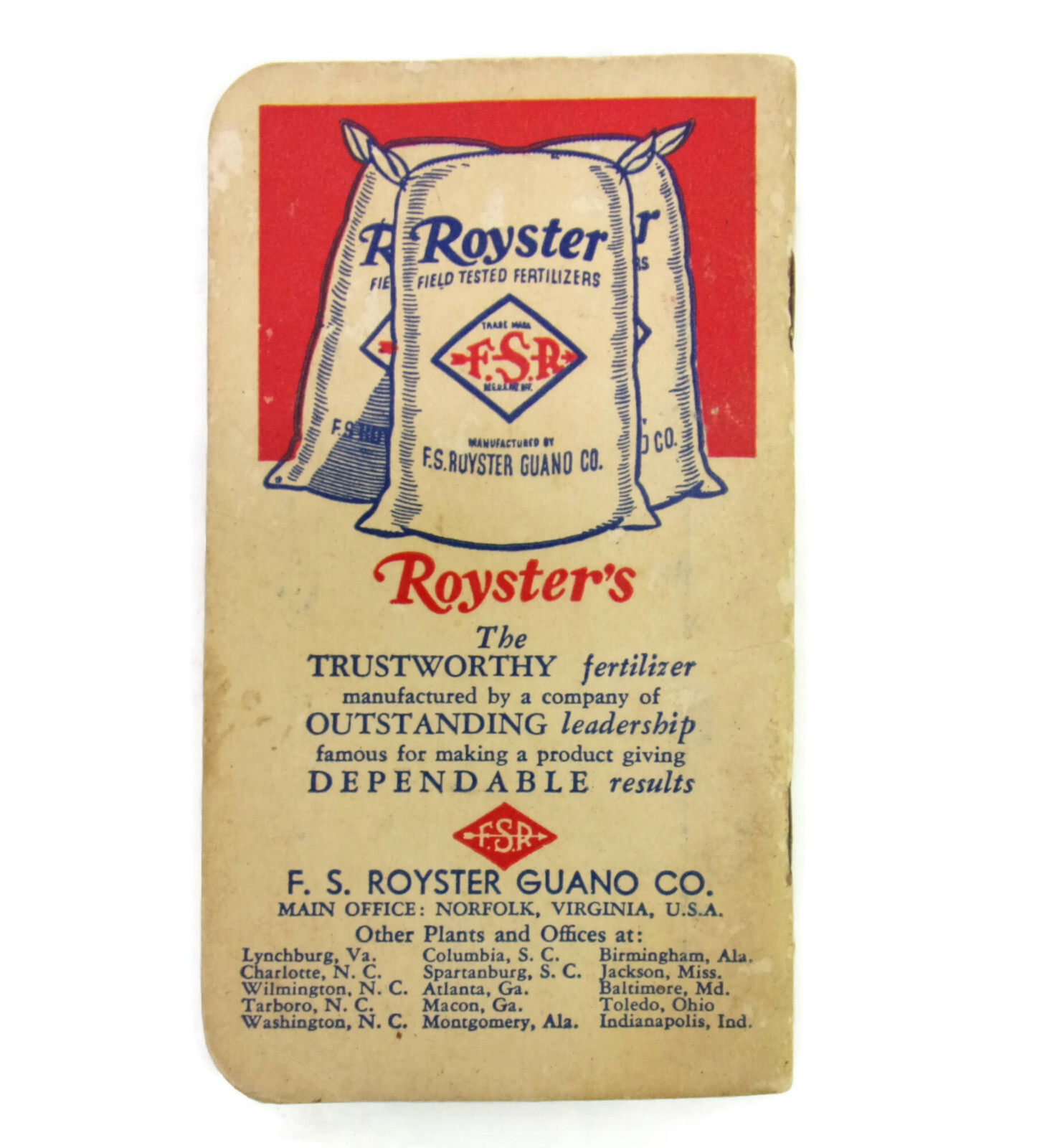 1940-41 Royster Fertilizers Advertising Unmarked Pocket Book TOLEDO INDIANAPOLIS