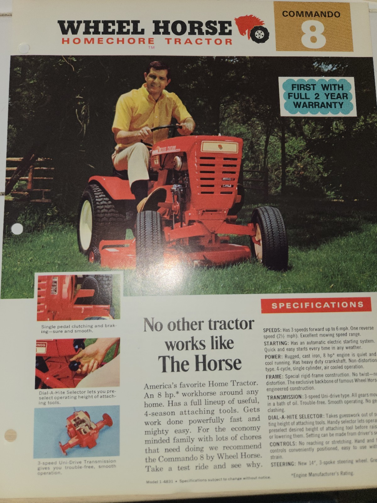 1960s WHEEL HORSE COMMANDO 8 DEALER AD WITH SPECIFICATIONS DOUBLE SIDED