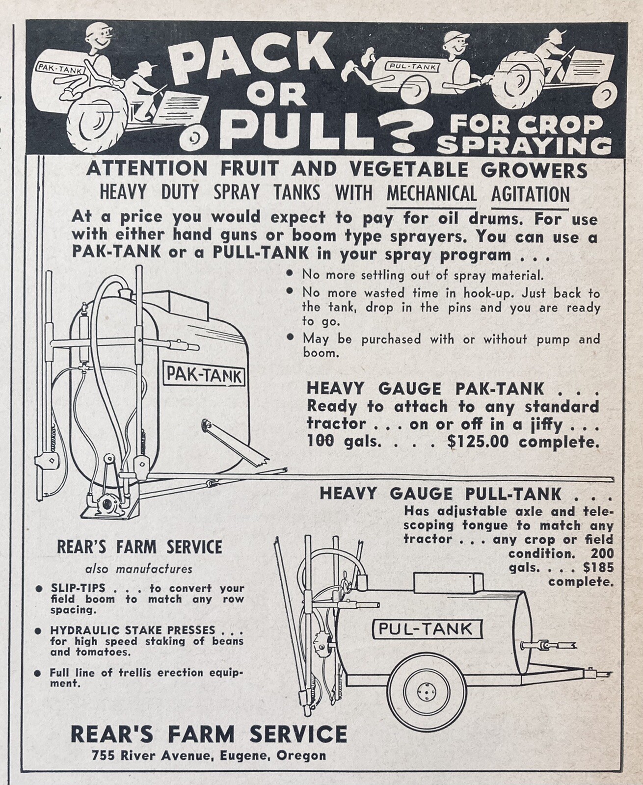 1957 AD.(XG14)~REAR’S FARM SERVICE, EUGENE, OR. CROP SPRAYING TANKS