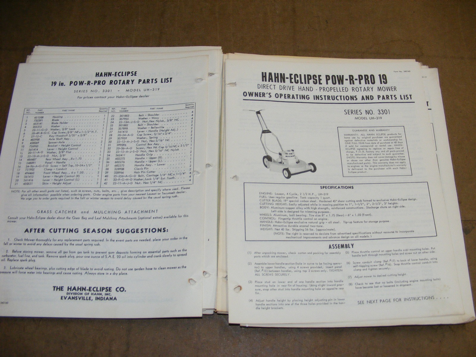 1960s Hahn Eclipse Mower Master Parts Catalog Maintenance Manual