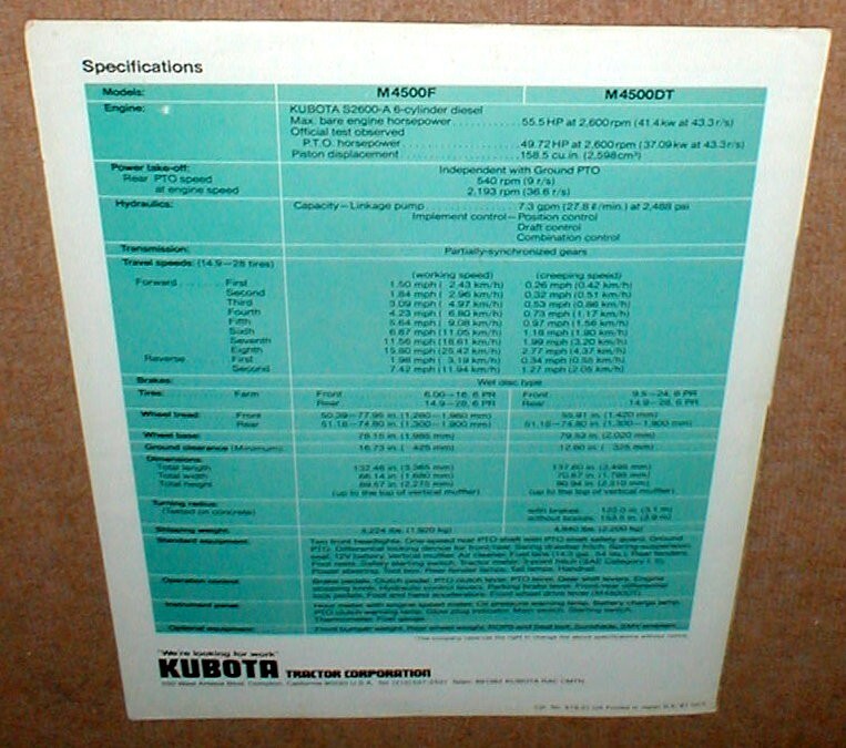 Kubota Diesel Tractor M4500 F/DT Full Color 4 Page 1981 Dealer Brochure