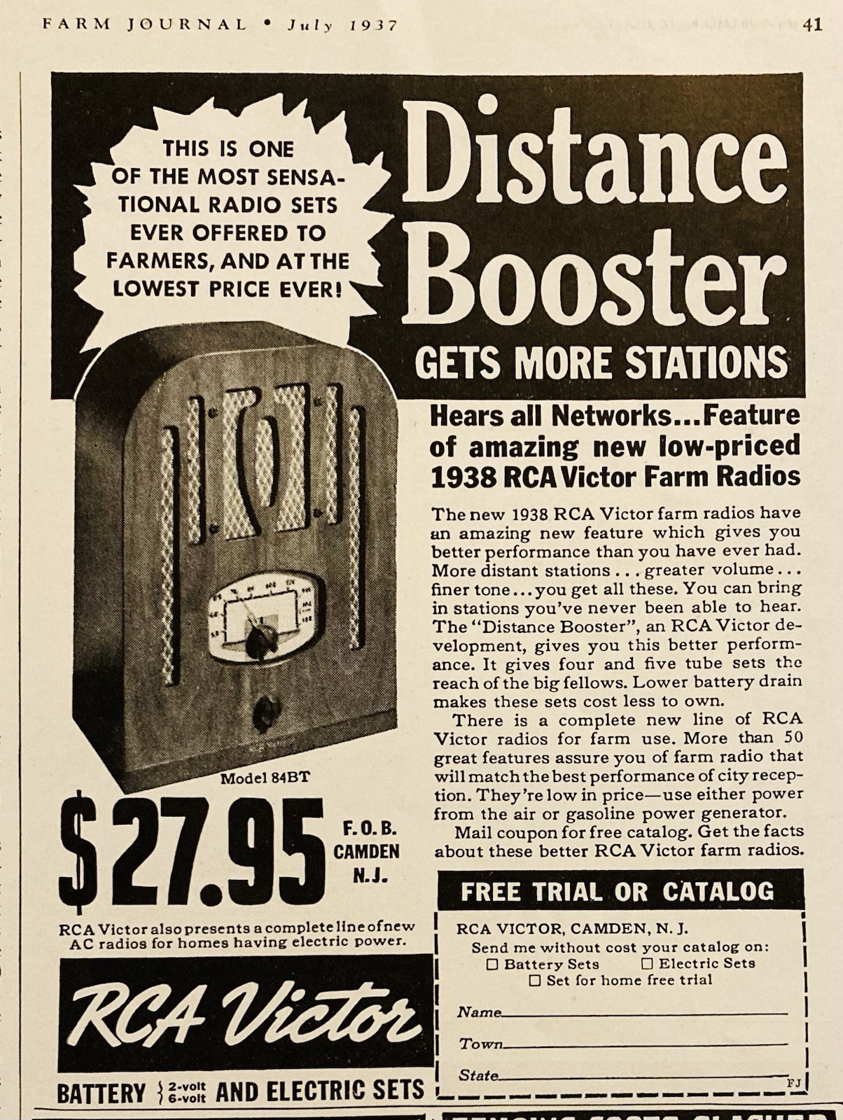 1937 AD.(XH84)~RCA VICTOR CO. CAMDEN, NJ. 84-BT FARM RADIO W/DISTANCE BOOSTER