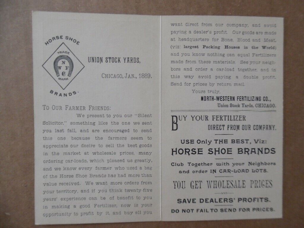 1889 Chicago Union Stockyards Horse Shoe Brand Animal Bone Fertilizer Brochure