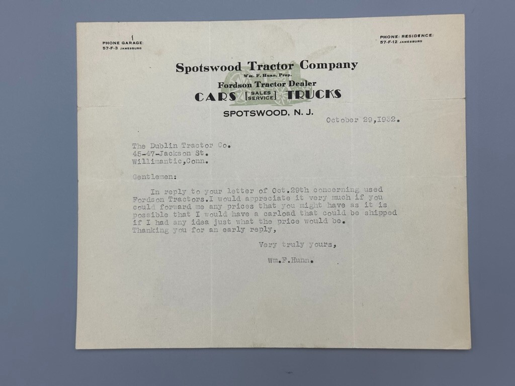 1932 FORDSON TRACTOR Farm Machinery SPOTSWOOD NJ Advertising Antique Letterhead