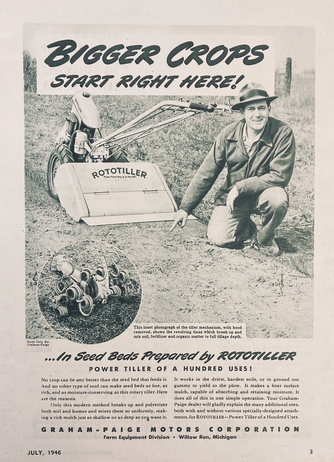 1946 AD.(XF14)~GRAHAM-PAIGE MOTOR CO. WILLOW RUN, MI. ROTOTILLER GARDEN TRACTOR