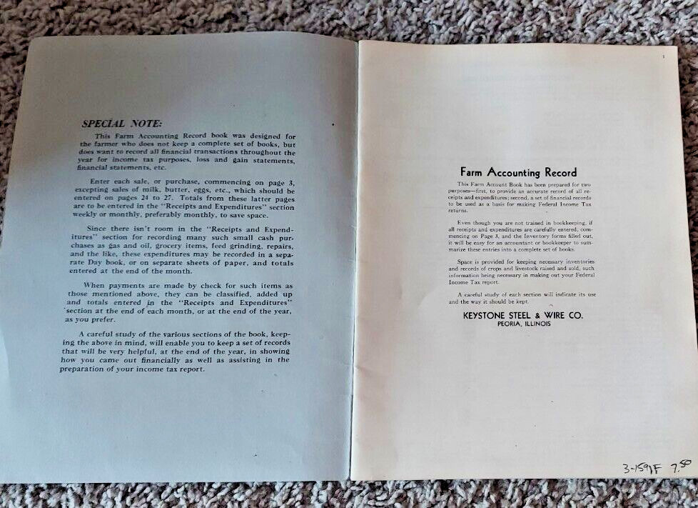 Keystone Steel And Wire Co Farm Record Book Unused Schwingle & Co Muscoda Wis