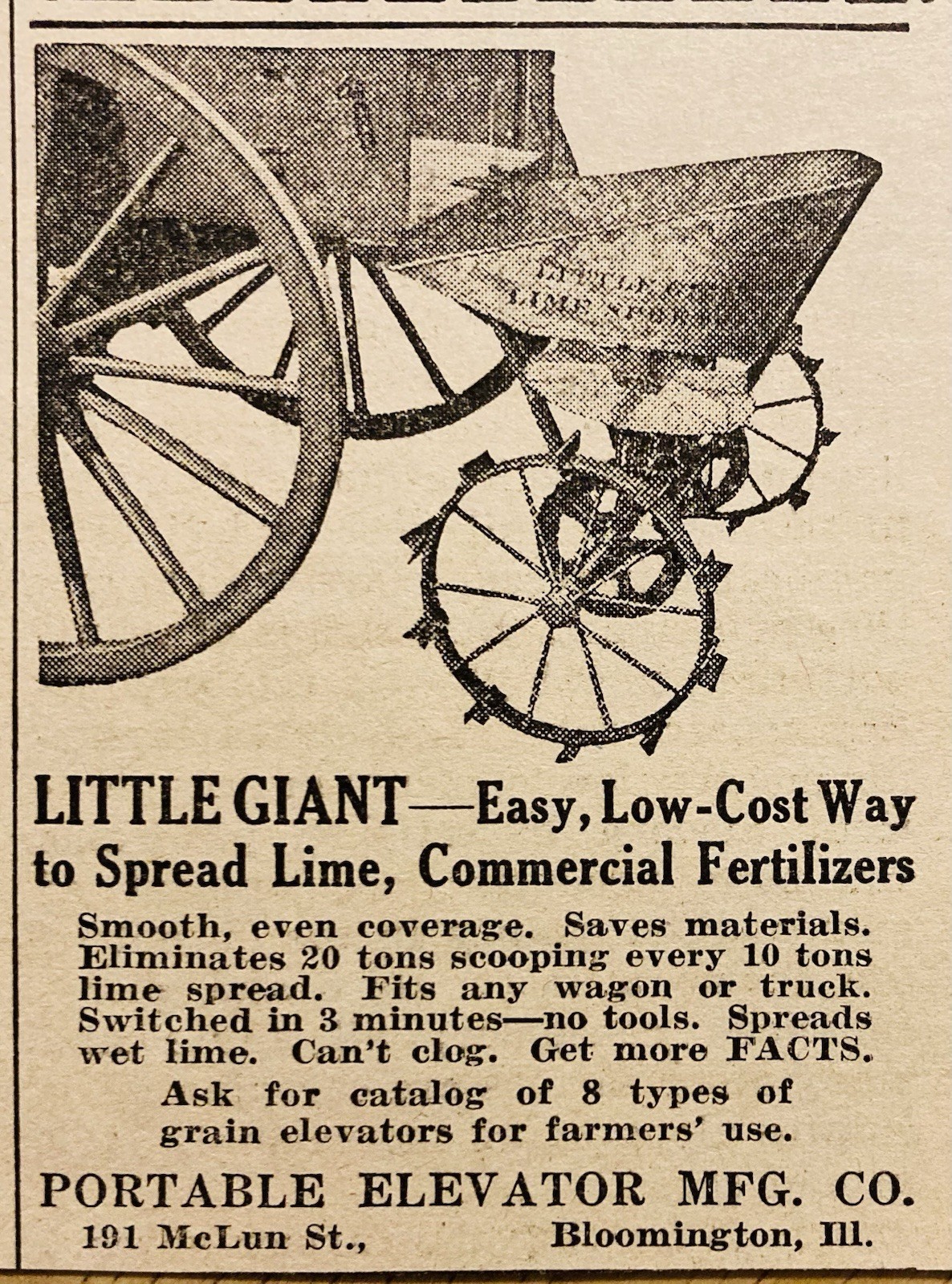 1944 AD.(PC9)~PORTABLE ELEVATOR MFG. CO. BLOOMINGTON, ILL. LITTLE GIANT SPREADER