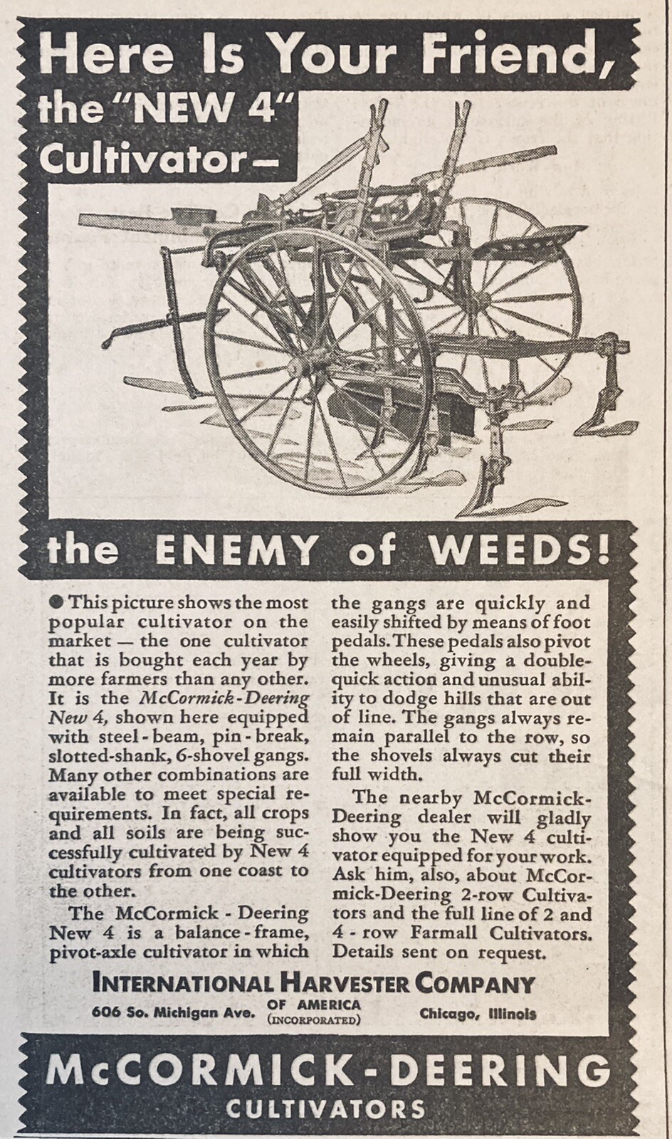 1936 AD.(XH18)~INTERNATIONAL HARVESTER CO. MCCORMICK-DEERING “NEW 4” CULTIVATOR